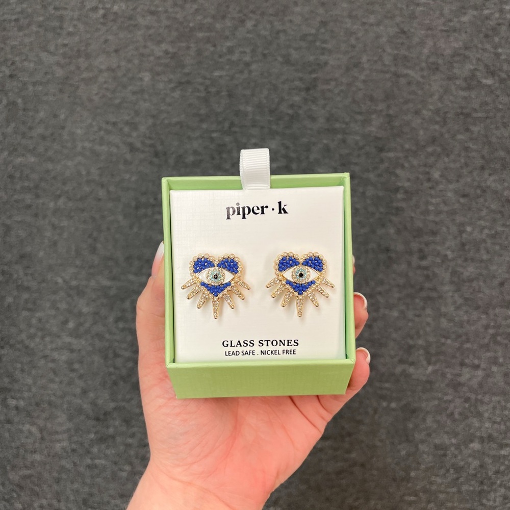 Blue Heart Evil Eye Earrings- Glass Stones